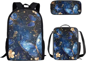 doginthehole School Backpack for Teen Girls Lightweight Schoolbag with Insulated Lunch Box and Pencil Case Aesthetic Blue Butterfly Floral Design Travel Bookbag for Women Outdoor Daypack