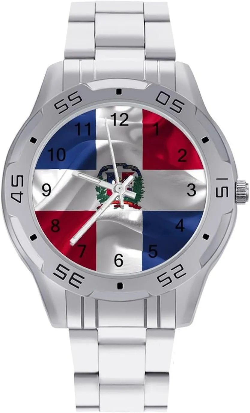 Dominican Republic Flag Classic Wrist Watches for Men Casual Business Dress Watch with Stainless Steel Band Work Party