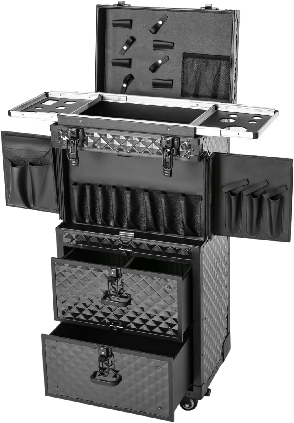 DONSU 4-Layer Rolling Lockable Makeup Train Case Hairdressing Cosmetic Travel Case,Salon Cart Trolley w/Wheels for Esthetician, Hairstylist, Nail Tech Kit
