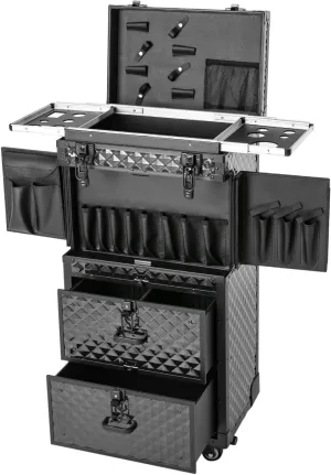 DONSU 4-Layer Rolling Lockable Makeup Train Case Hairdressing Cosmetic Travel Case,Salon Cart Trolley w/Wheels for Esthetician, Hairstylist, Nail Tech Kit