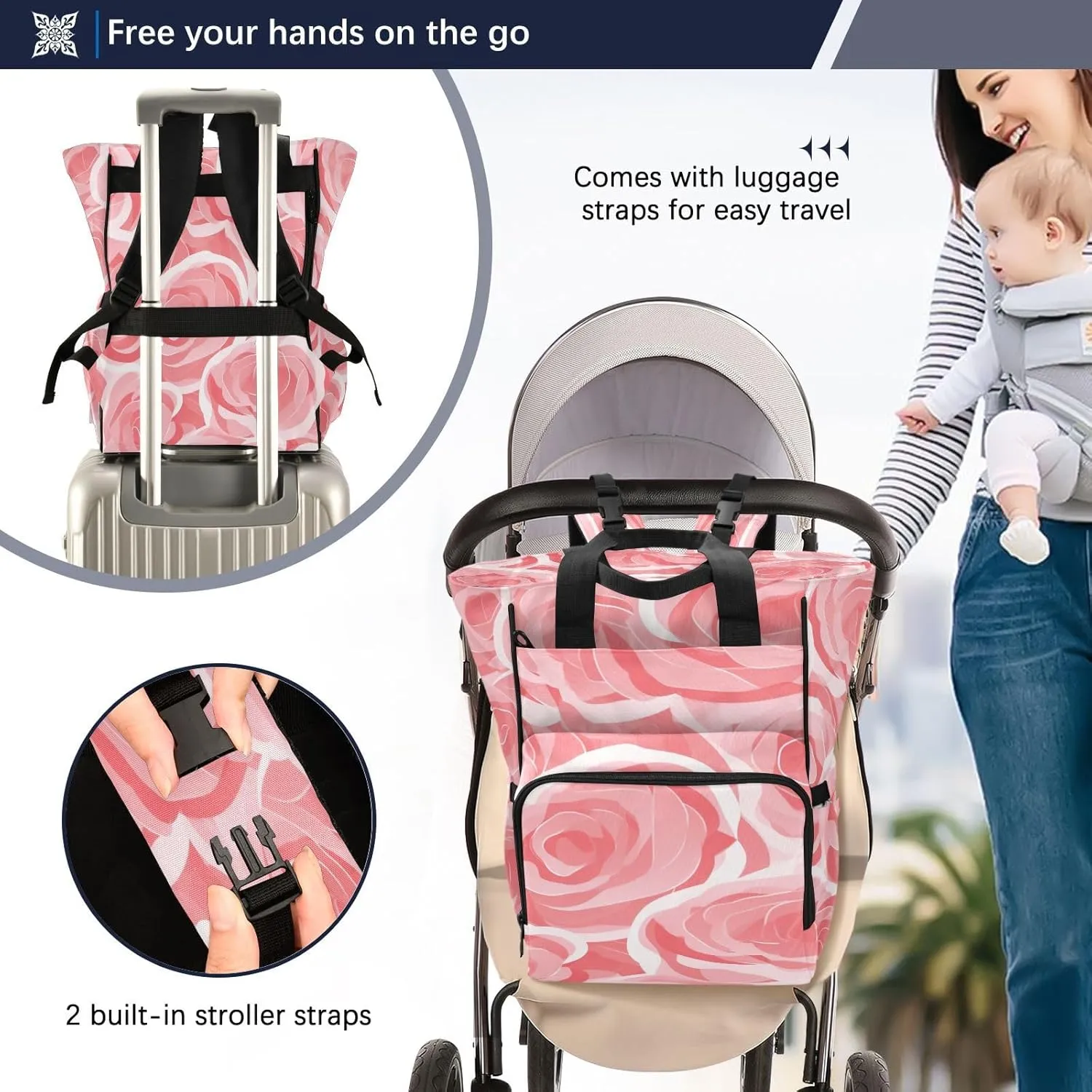 Doodle Pink Rose Diaper Bag Backpack, Mommy Bag, Multifunctional Diaper Bag, Travel Backpack, Large Capacity Diaper Bag