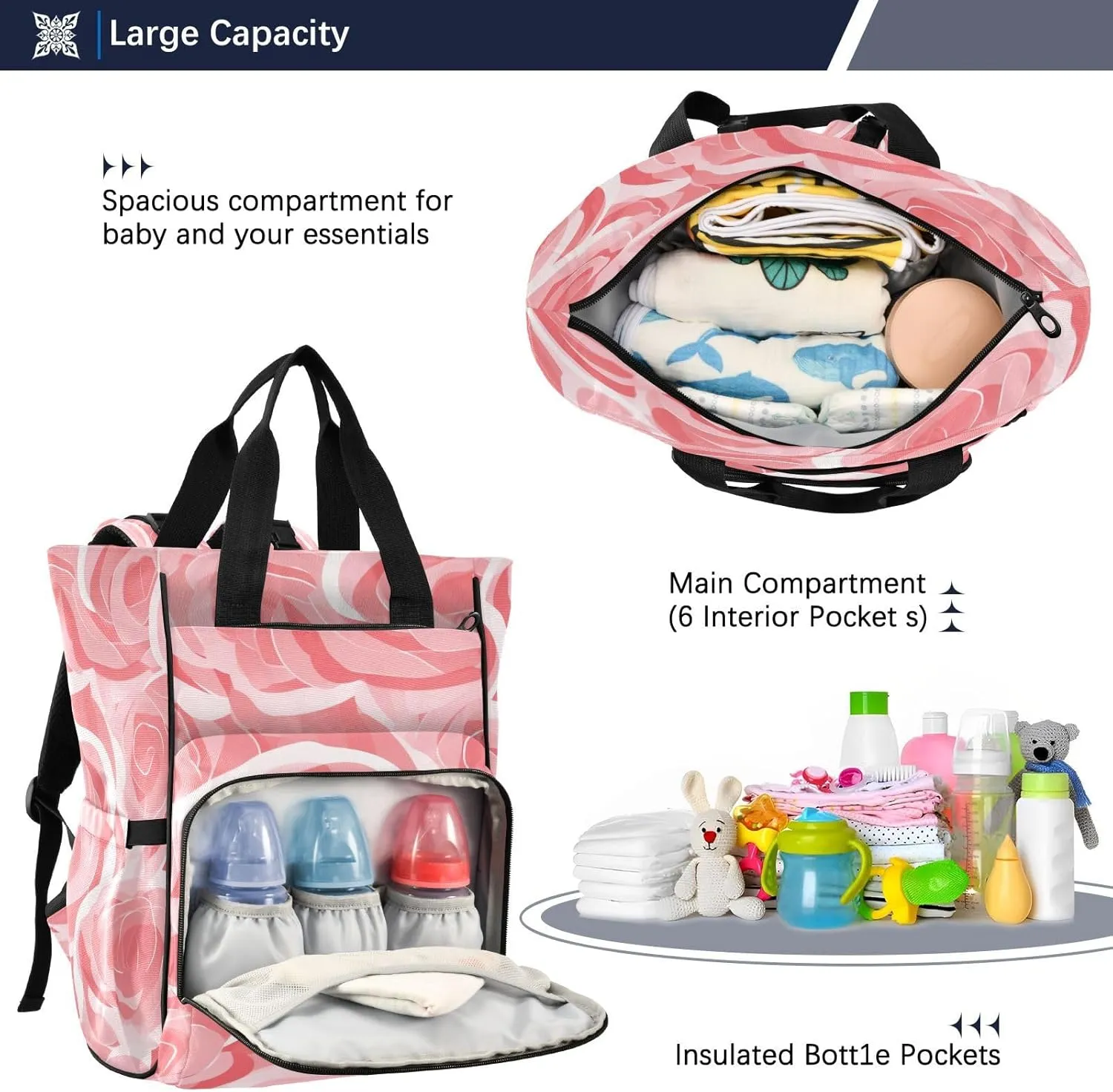 Doodle Pink Rose Diaper Bag Backpack, Mommy Bag, Multifunctional Diaper Bag, Travel Backpack, Large Capacity Diaper Bag