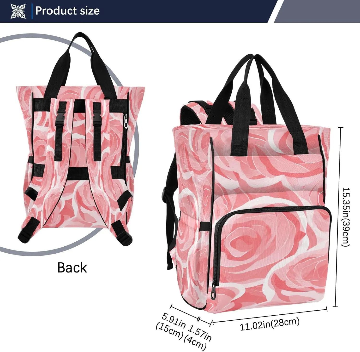 Doodle Pink Rose Diaper Bag Backpack, Mommy Bag, Multifunctional Diaper Bag, Travel Backpack, Large Capacity Diaper Bag