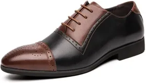 Dress Oxford Shoes for Men Lace Up Two Tone White and Brown Brogue Cap Toe Vegan Leather Low Top Slip Resistant Block Heel Prom