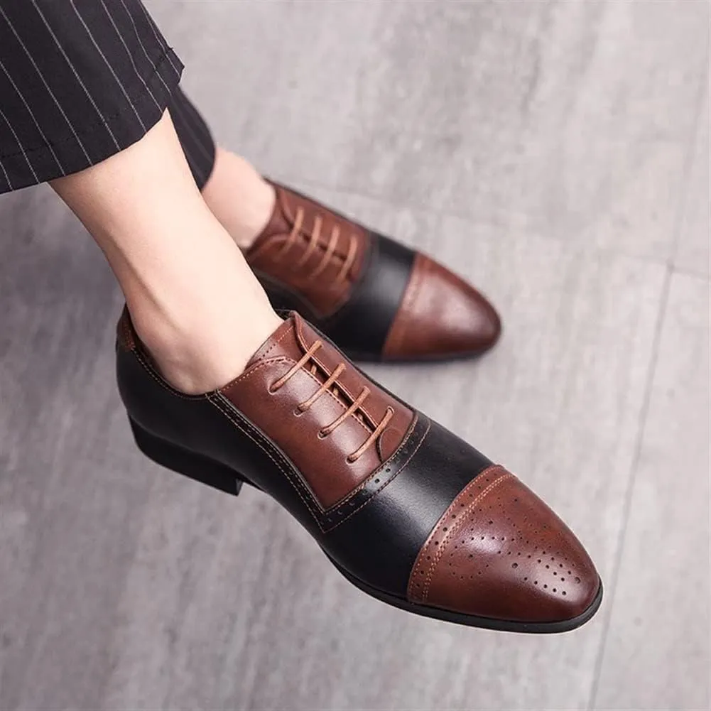 Dress Oxford Shoes for Men Lace Up Two Tone White and Brown Brogue Cap Toe Vegan Leather Low Top Slip Resistant Block Heel Prom