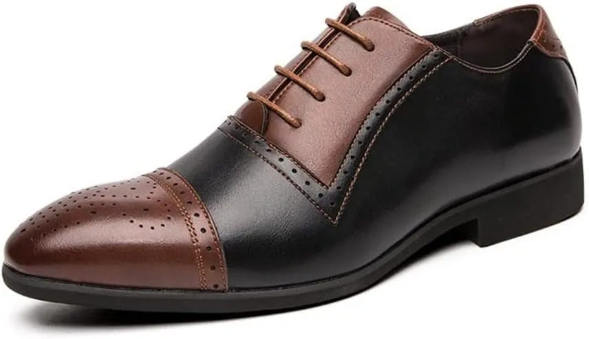 Dress Oxford Shoes for Men Lace Up Two Tone White and Brown Brogue Cap Toe Vegan Leather Low Top Slip Resistant Block Heel Prom