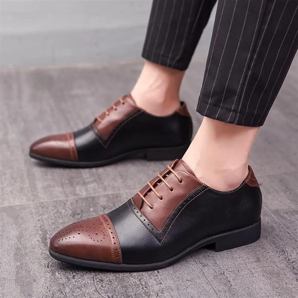 Dress Oxford Shoes for Men Lace Up Two Tone White and Brown Brogue Cap Toe Vegan Leather Low Top Slip Resistant Block Heel Prom