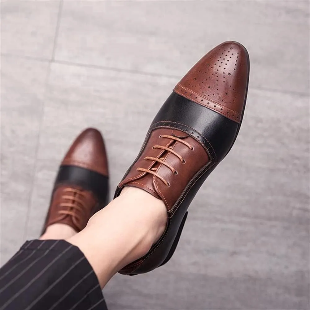Dress Oxford Shoes for Men Lace Up Two Tone White and Brown Brogue Cap Toe Vegan Leather Low Top Slip Resistant Block Heel Prom