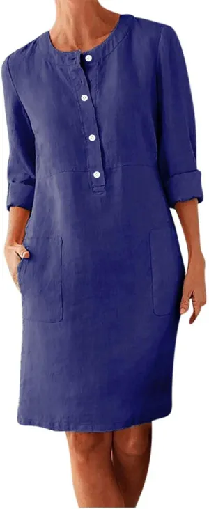 Dresses for Women Casual Plus Size Round Neck Cotton Linen Dress Button Down Swing Knee Length Sundress with Pockets