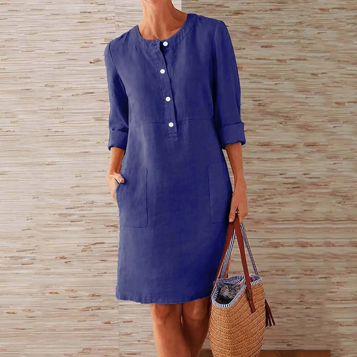 Dresses for Women Casual Plus Size Round Neck Cotton Linen Dress Button Down Swing Knee Length Sundress with Pockets