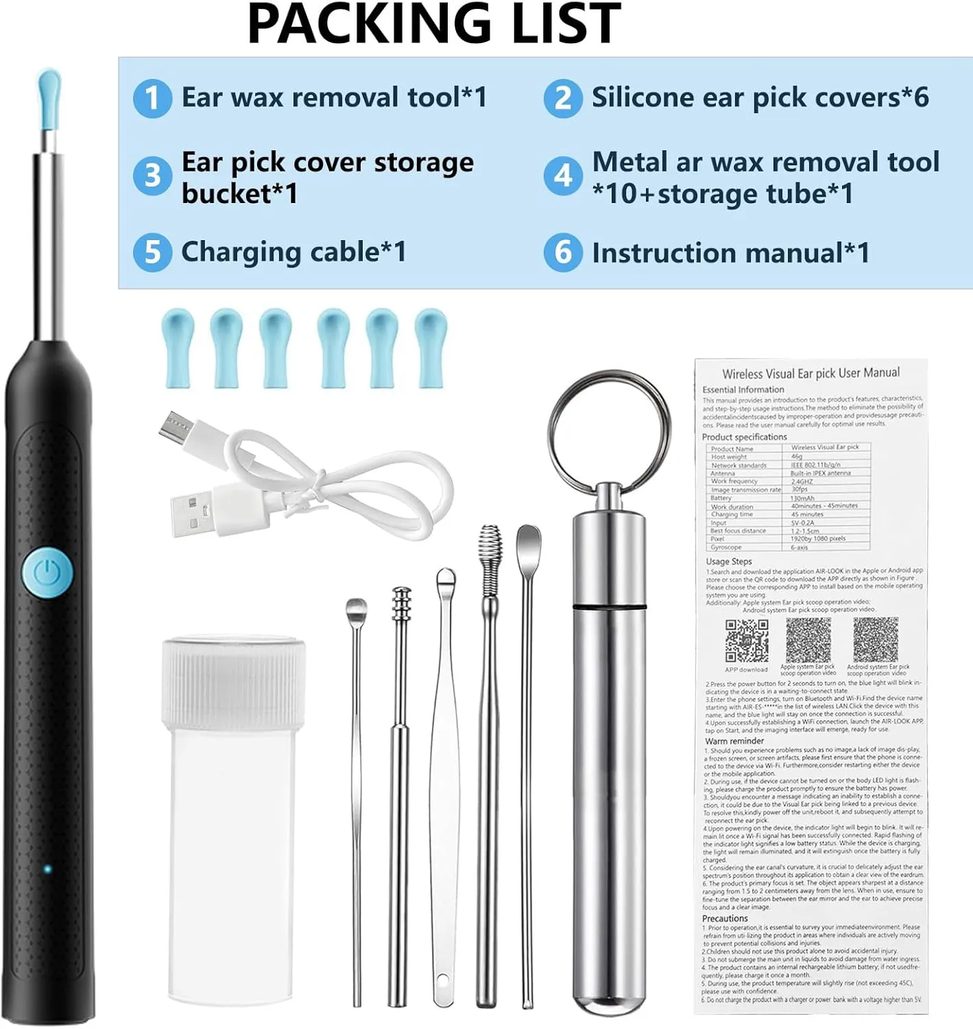 Ear Wax Removal - Ear Cleaner with Camera with 1080P, Ear Wax Removal Tool with 6 LED Light, 6 Ear Pick, 10 Ear Set, Ear Camera Wax Rremoval Kit for iOS & Android