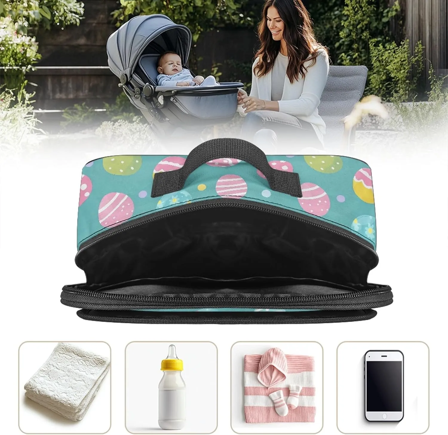 Easter Egg Mini Stroller Diaper Bag Blue Small Diaper Bag Purse with Hook Mini Diaper Bag Crossbody for Stroller Diaper Caddy Fits All Strollers