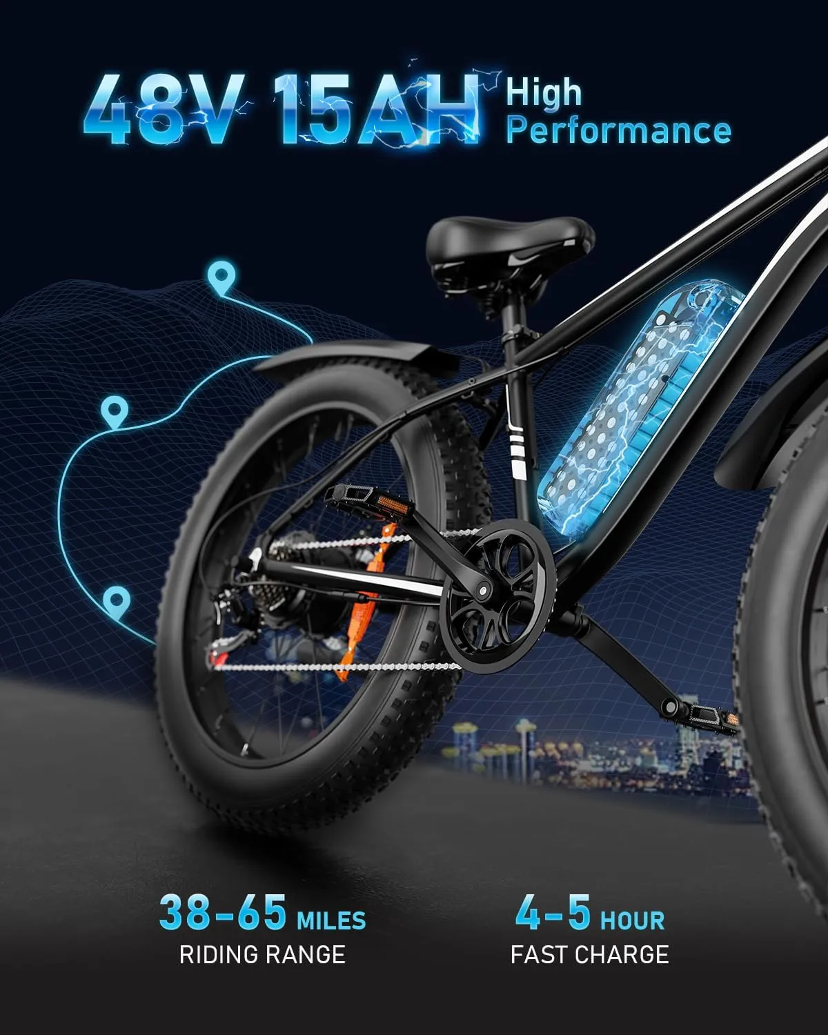 EB26 Electric Bike for Adults Peak 1500W Electric Bicycle 48V 15AH (720WH) Battery Electric Bike 26" Fat Tire Mountain 32mph 7 Speed Gears Ebike