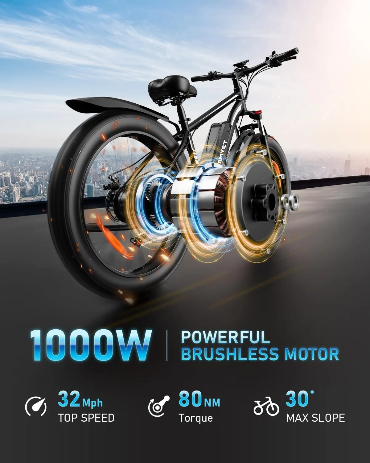 EB26 Electric Bike for Adults Peak 1500W Electric Bicycle 48V 15AH (720WH) Battery Electric Bike 26" Fat Tire Mountain 32mph 7 Speed Gears Ebike