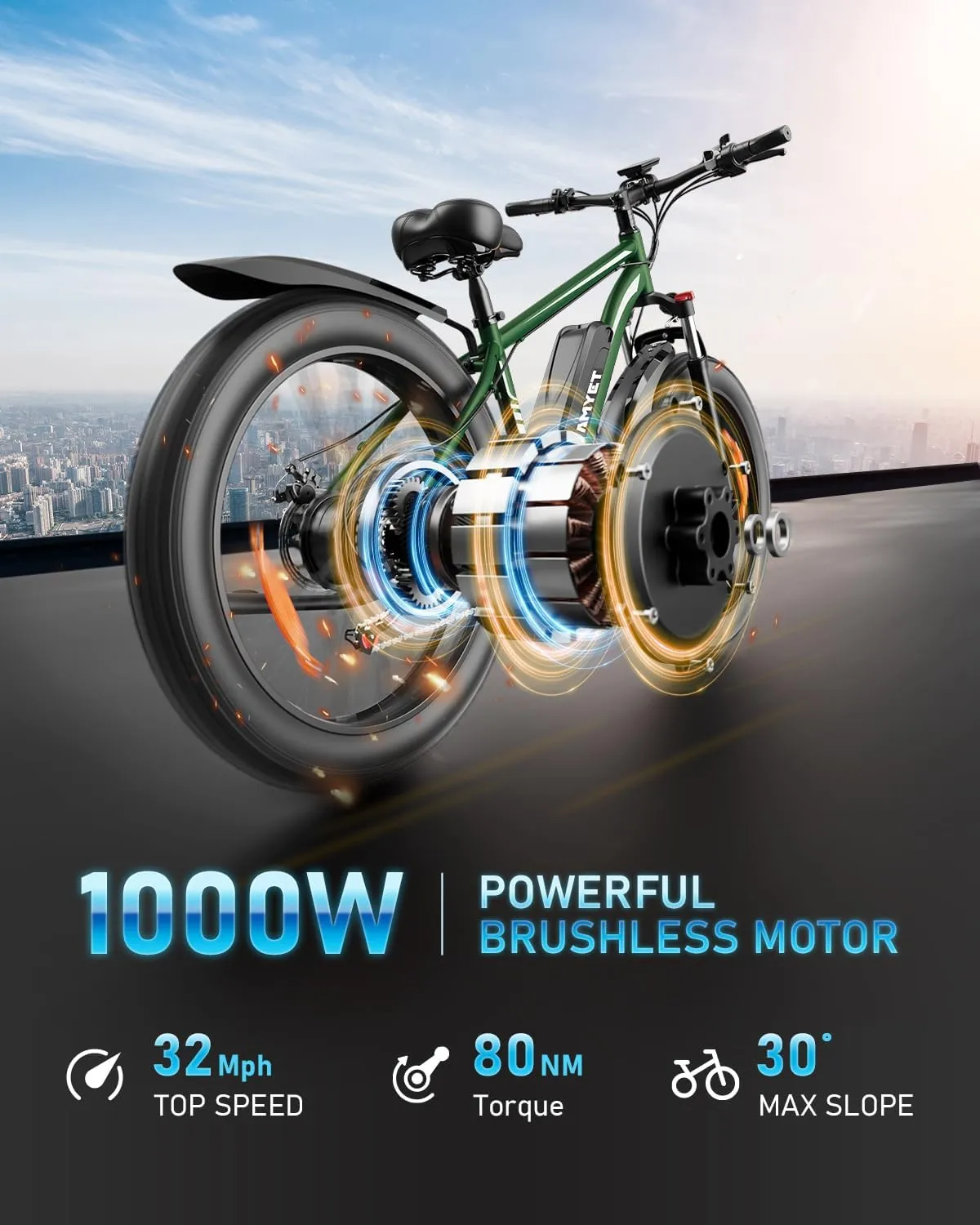 EB26 Electric Bike for Adults Peak 1500W Electric Bicycle 48V 15AH (720WH) Battery Electric Bike 26" Fat Tire Mountain 32mph 7 Speed Gears Ebike