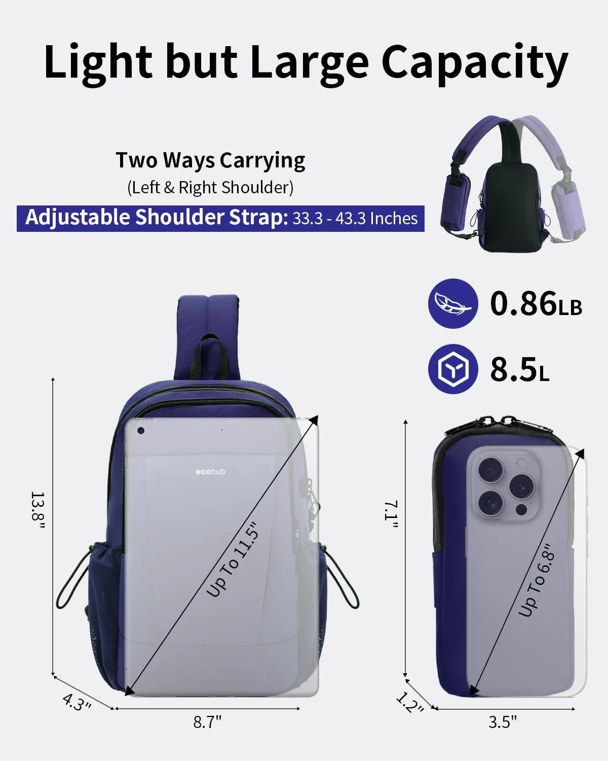 ECOHUB Crossbody Bags for Women Men, Anti-Theft RFID Blocking Sling Backpack with Sturdy SBS Zippers Water Resistant Chest Shoulder Bag Daypack with 9 Pockets Casual Walk Outdoor, Blue