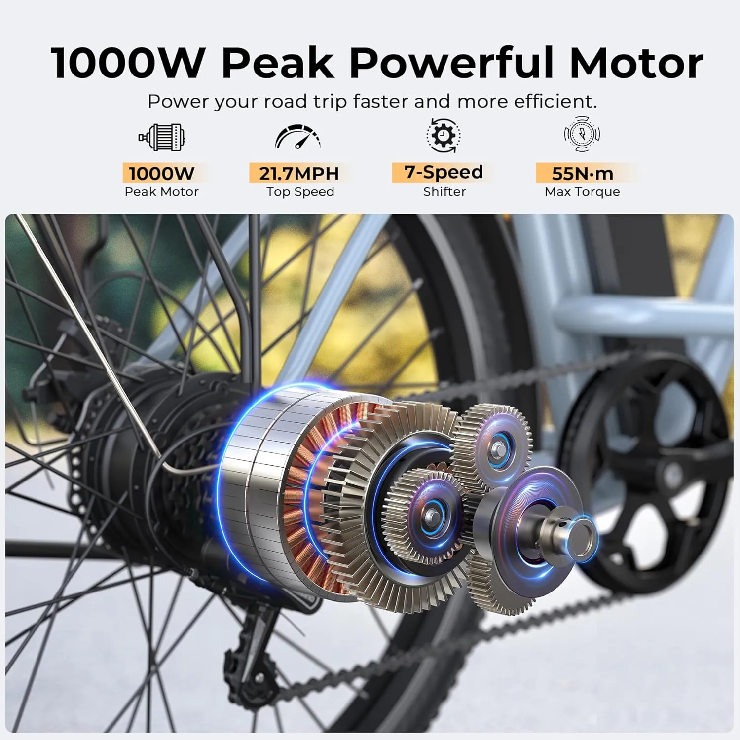 Electric Bike for Adults, 1000W Peak Ebike, 21.7MPH 50Miles City Cruiser Ebikes, 26" Step Thru Electric Bicycle with 48V Removable Battery, Adjustable Stem, Rear Rack, Front Suspension,7 Speed