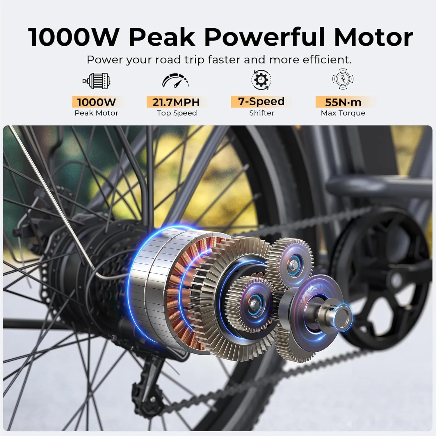 Electric Bike for Adults, 1000W Peak Ebike, 21.7MPH 50Miles City Cruiser Ebikes, 26" Step Thru Electric Bicycle with 48V Removable Battery, Adjustable Stem, Rear Rack, Front Suspension,7 Speed
