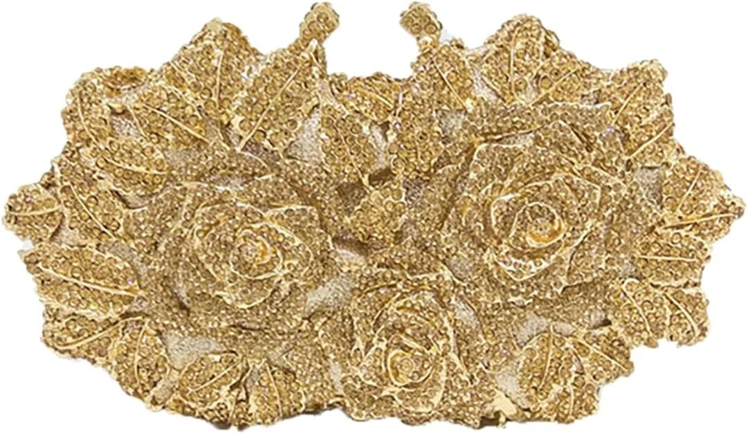 Elegant Women Rose Flower Rhinestone Clutch Handbag Crystal Evening Bag Chain Purse for Wedding Party Cocktail