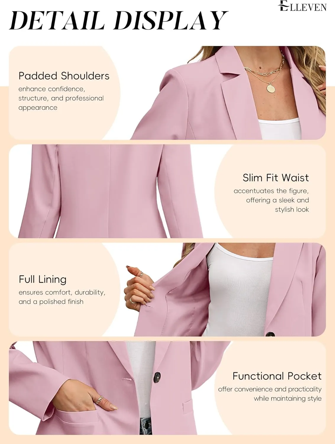ELLEVEN Women's Blazer Business Casual Lightweight Suit - Long Sleeve Slim Fit Work Office Jacket with Pockets
