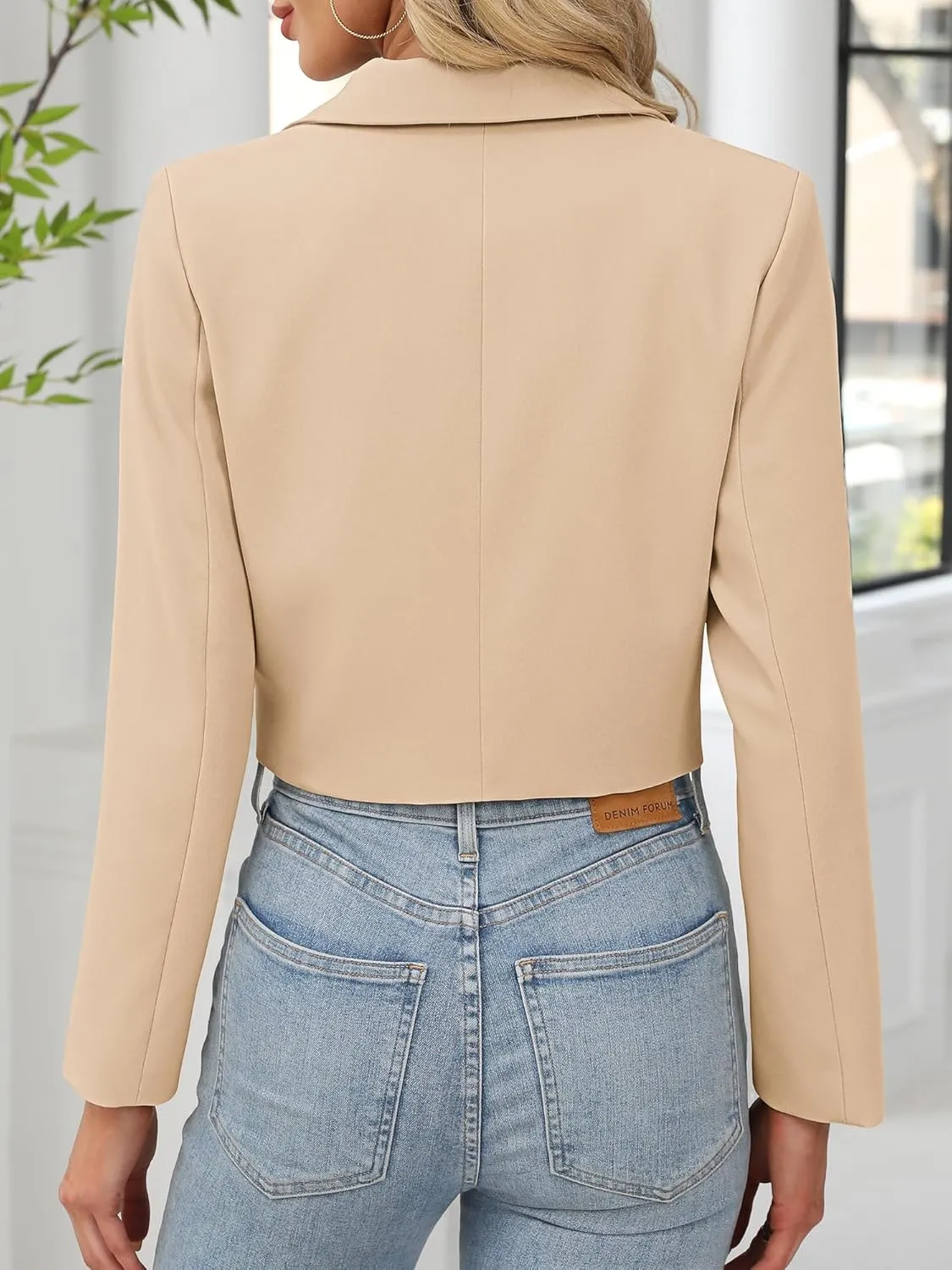 ELLEVEN Women’s Cropped Blazer Business Casual Open Front Long Sleeve One Button Jacket
