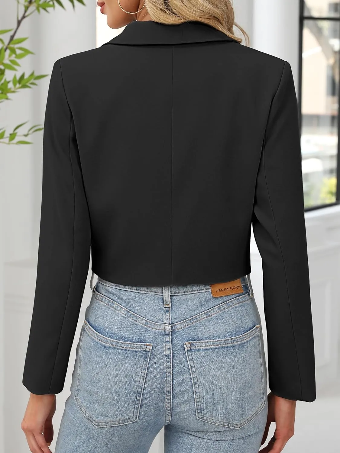 ELLEVEN Women’s Cropped Blazer Business Casual Open Front Long Sleeve One Button Jacket