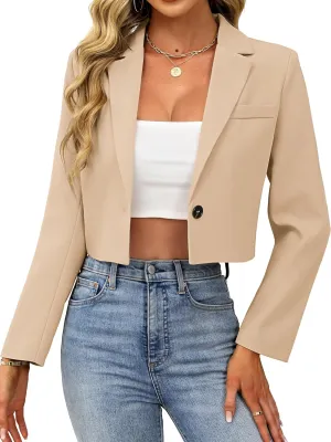 ELLEVEN Women’s Cropped Blazer Business Casual Open Front Long Sleeve One Button Jacket