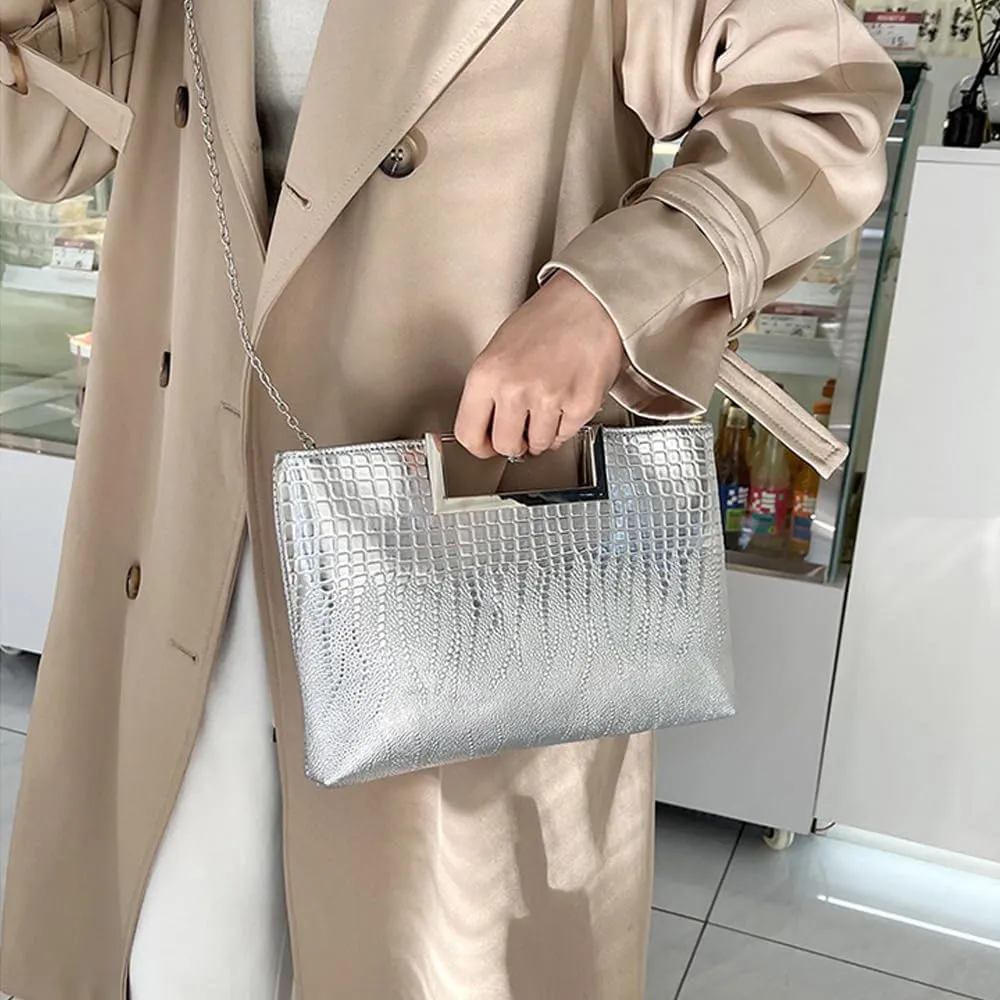 Entchin Clutch Purses for Women, Crocodile Pattern Vegan Leather Handbag, Detachable Chain Strap Crossbody Shoulder Bag