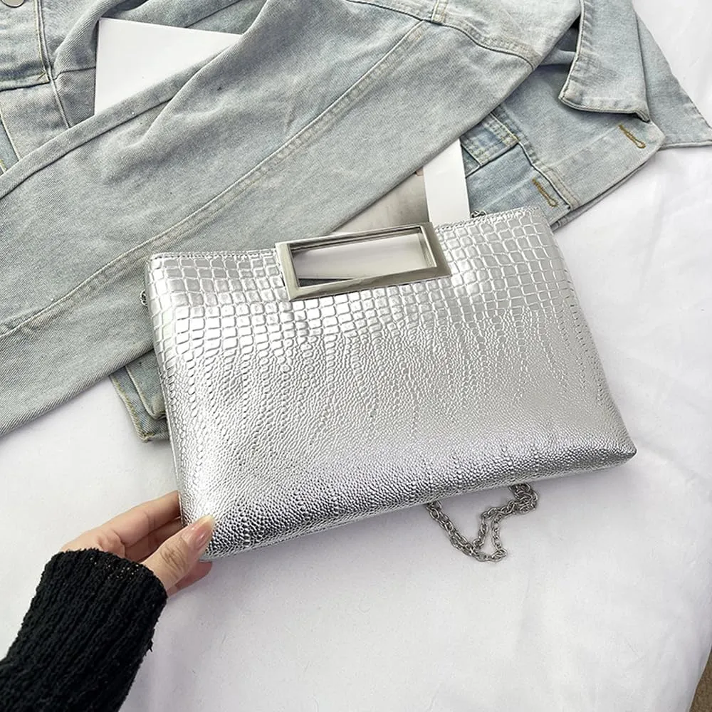 Entchin Clutch Purses for Women, Crocodile Pattern Vegan Leather Handbag, Detachable Chain Strap Crossbody Shoulder Bag