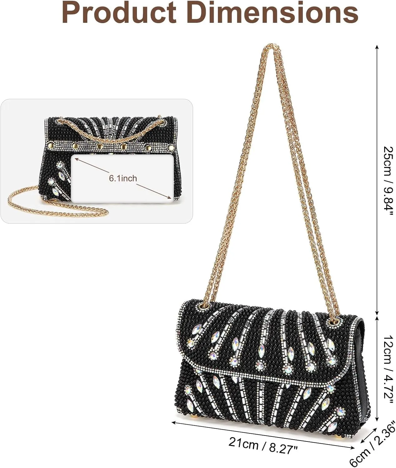 Evening Bags Clutch Purses for Women Formal, Beaded Purses Crystal Rhinestone Crossbody Handbag with Chain Shoulder Bag Sparkly for Wedding Guest Party Black