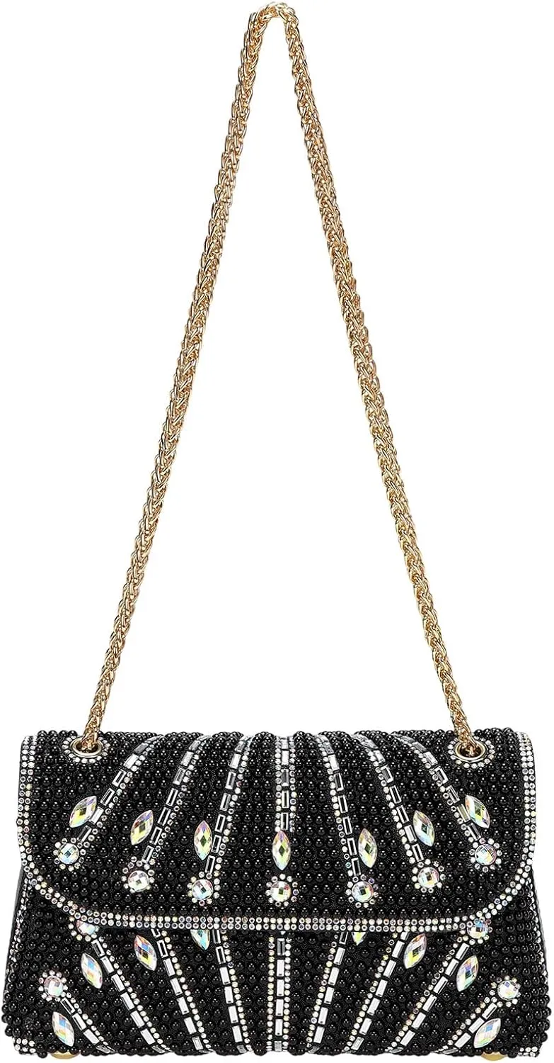 Evening Bags Clutch Purses for Women Formal, Beaded Purses Crystal Rhinestone Crossbody Handbag with Chain Shoulder Bag Sparkly for Wedding Guest Party Black