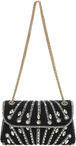 Evening Bags Clutch Purses for Women Formal, Beaded Purses Crystal Rhinestone Crossbody Handbag with Chain Shoulder Bag Sparkly for Wedding Guest Party Black