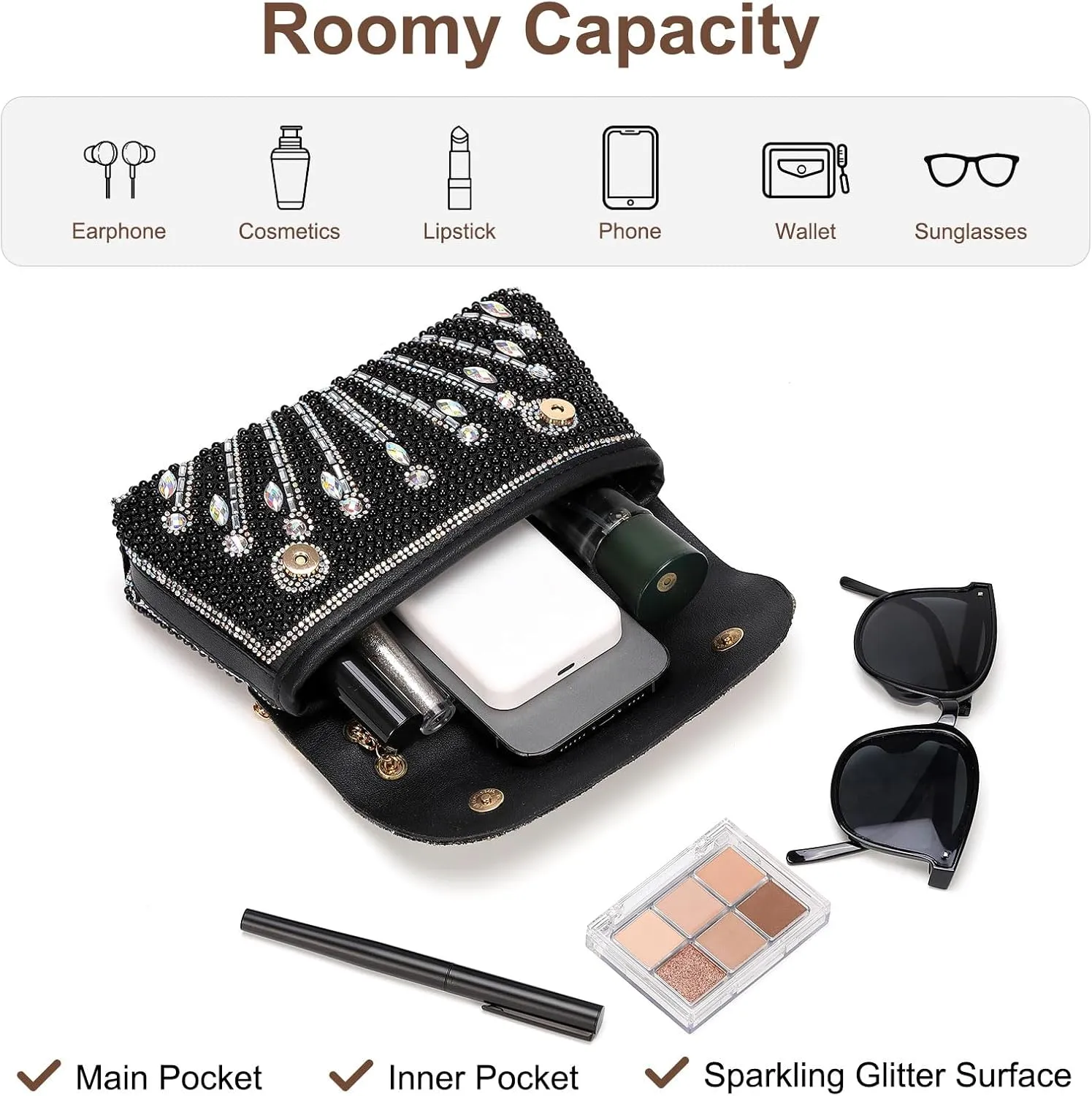 Evening Bags Clutch Purses for Women Formal, Beaded Purses Crystal Rhinestone Crossbody Handbag with Chain Shoulder Bag Sparkly for Wedding Guest Party Black