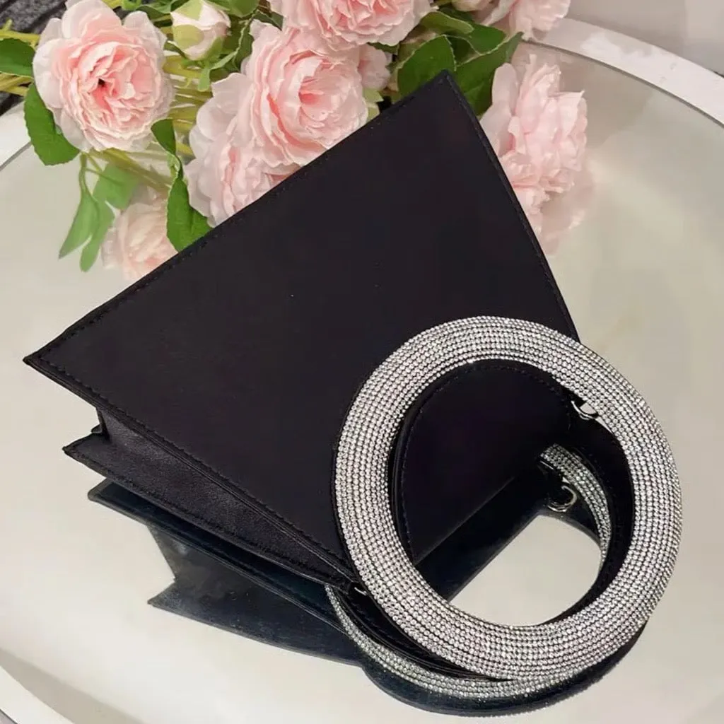 Evening Clutch Purse with Rhinestone Handle, Black Mini Handbag, Top Handle Design
