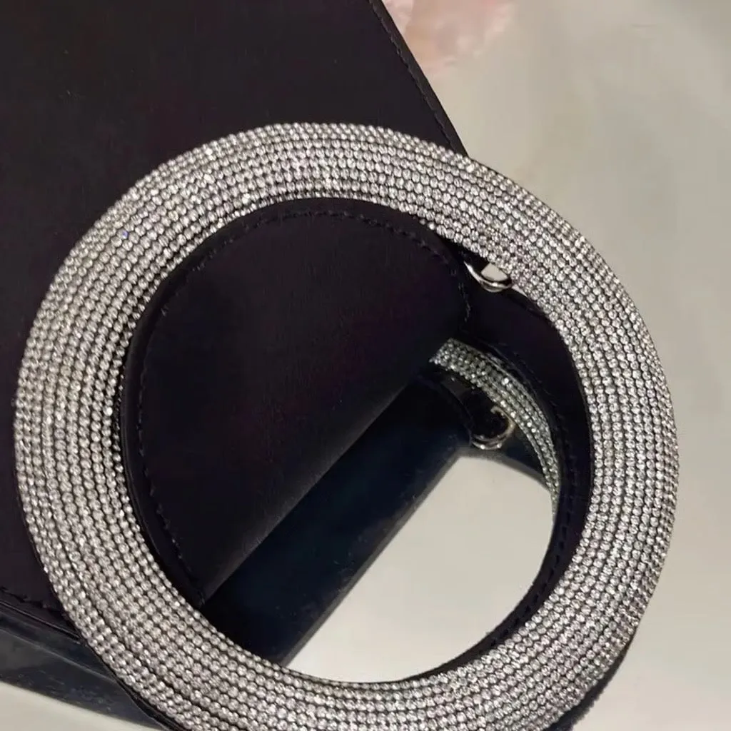 Evening Clutch Purse with Rhinestone Handle, Black Mini Handbag, Top Handle Design