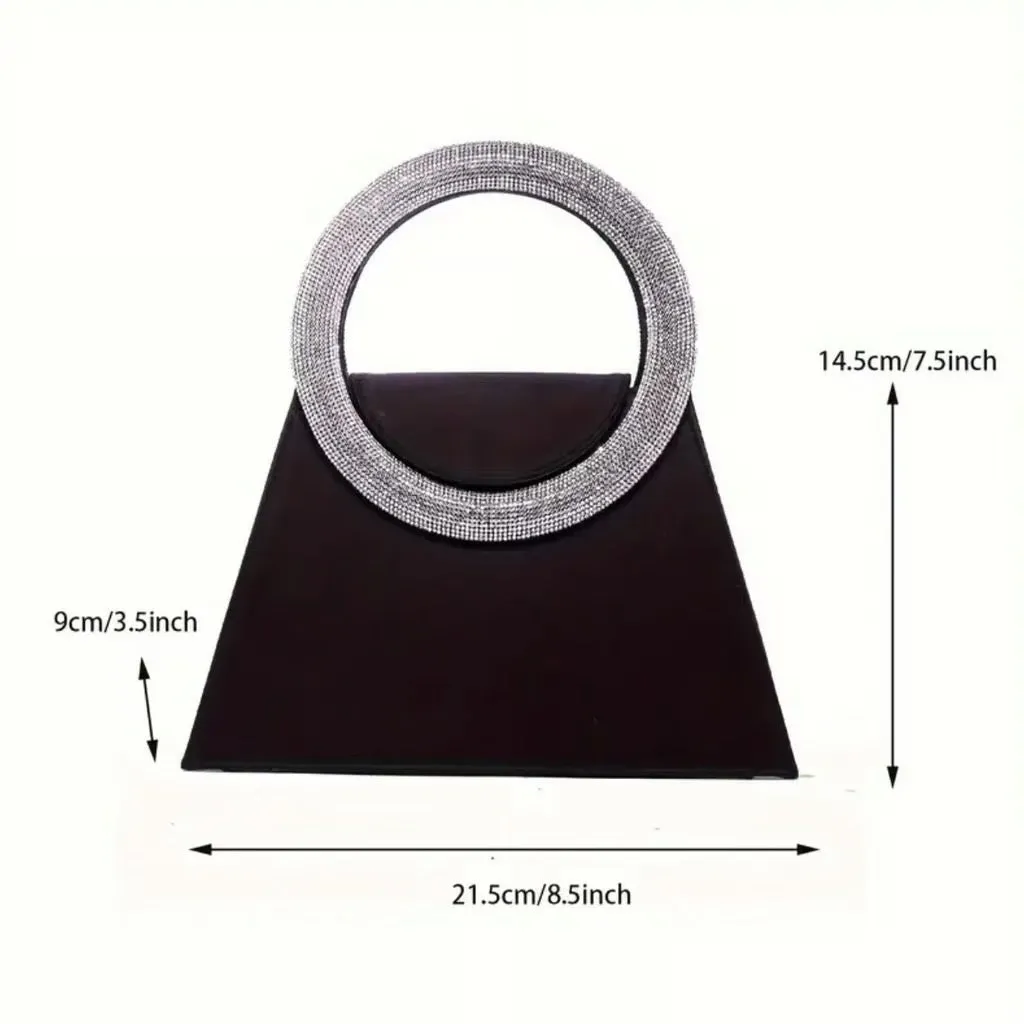 Evening Clutch Purse with Rhinestone Handle, Black Mini Handbag, Top Handle Design