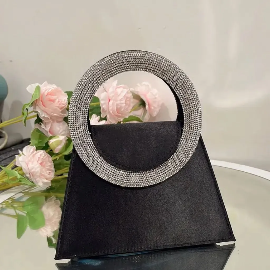 Evening Clutch Purse with Rhinestone Handle, Black Mini Handbag, Top Handle Design