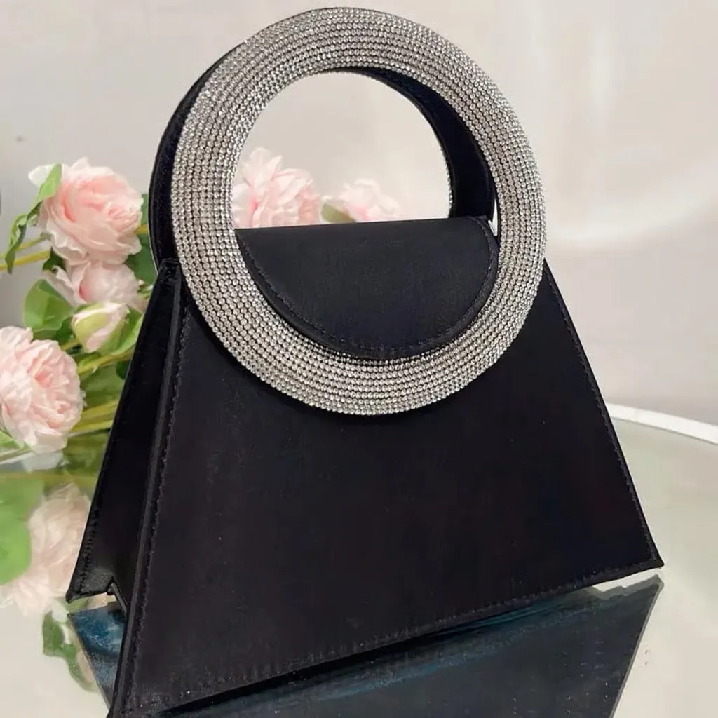 Evening Clutch Purse with Rhinestone Handle, Black Mini Handbag, Top Handle Design