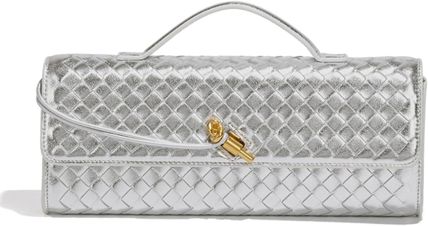 Evening Woven Handbag for Women PU Leather Clutch Purses Removable Strap Shoulder Bag Fashion Crossbody Tote Bag