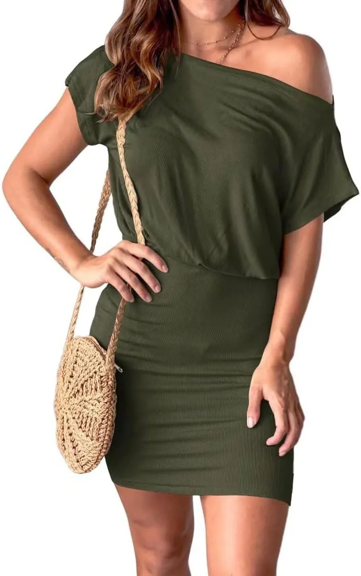Ezbelle Women's Off The Shoulder Short Sleeve Ribbed Casual Summer HIPS-Wrapped Bodycon Party Mini Dress