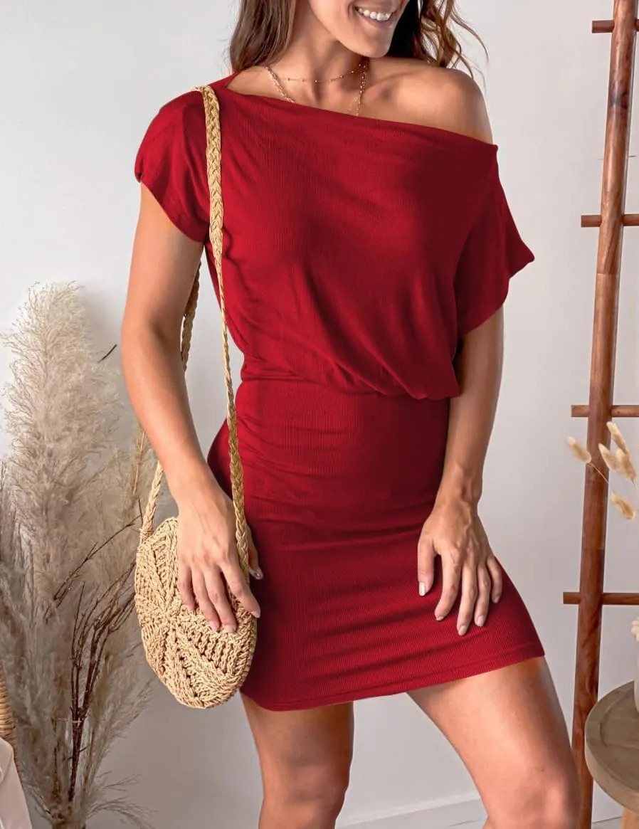Ezbelle Women's Off The Shoulder Short Sleeve Ribbed Casual Summer HIPS-Wrapped Bodycon Party Mini Dress