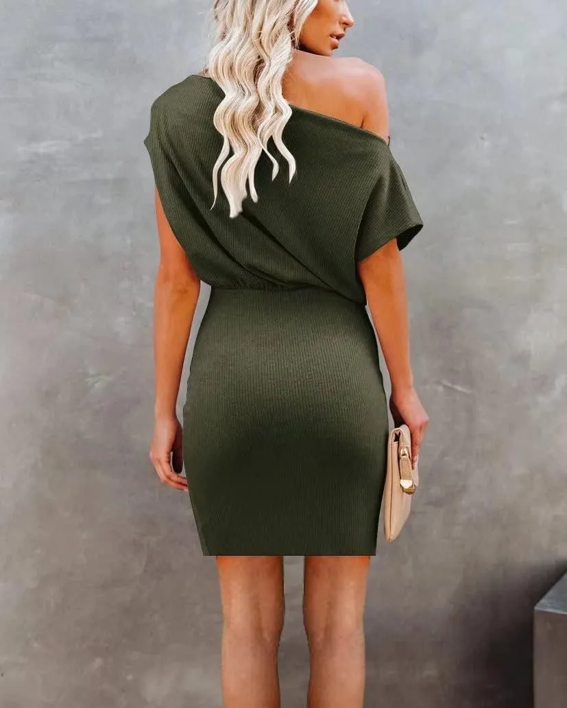 Ezbelle Women's Off The Shoulder Short Sleeve Ribbed Casual Summer HIPS-Wrapped Bodycon Party Mini Dress