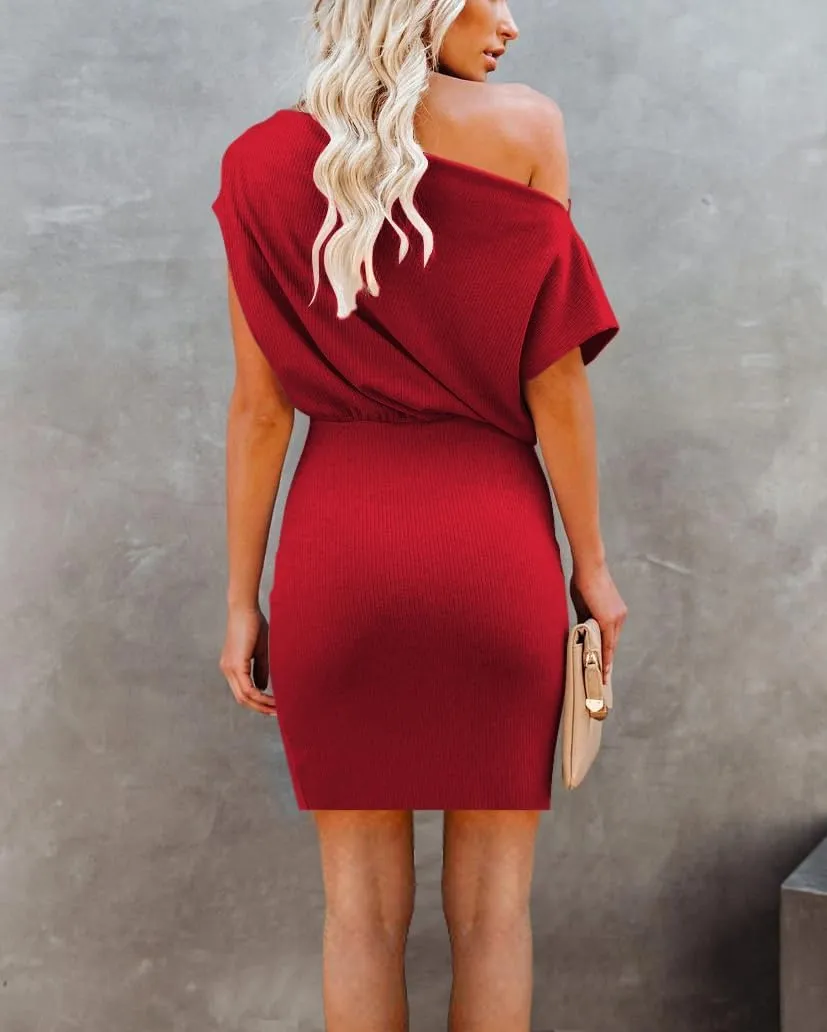 Ezbelle Women's Off The Shoulder Short Sleeve Ribbed Casual Summer HIPS-Wrapped Bodycon Party Mini Dress