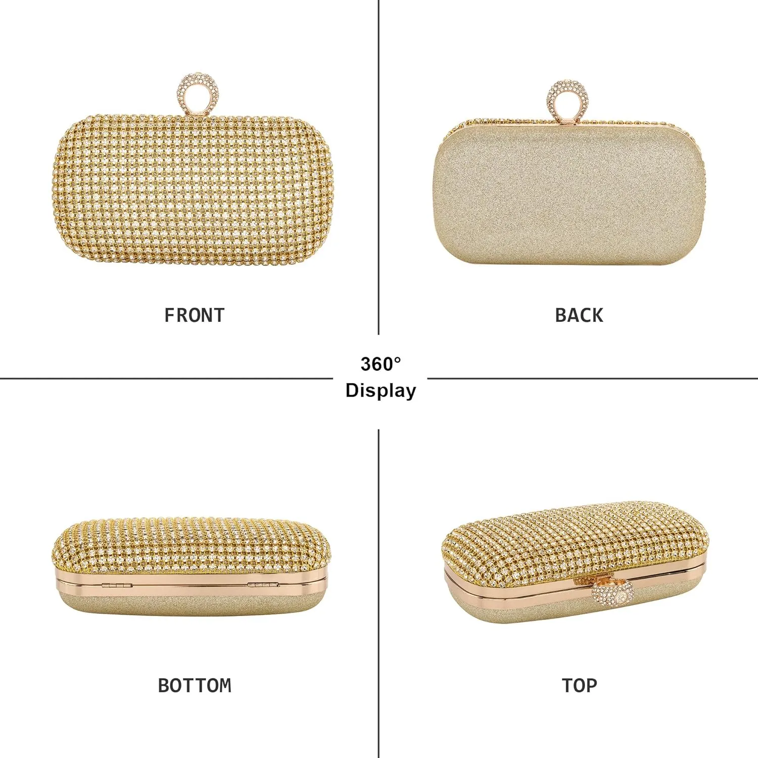 FALETO Women Rhinestone Evening Clutch Purse Sparkly Glitter Purse Bag for Bridal Wedding Party Crystal Ring Clasp Handbag