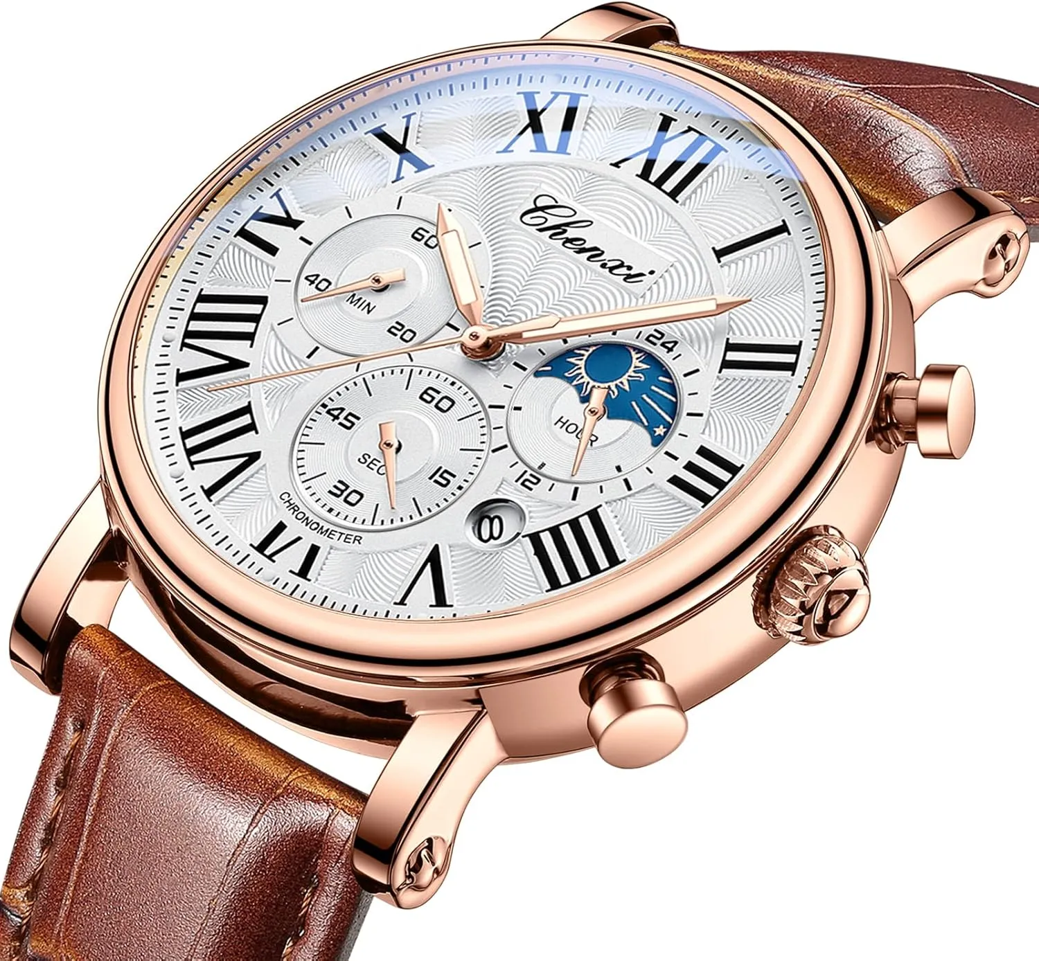 FANMIS Men's Classic Multifunctional Military Sports Analog Watch Business Dress Waterproof Luminous Chronograph Starry Sky Moon Phase Leather Wristwatch