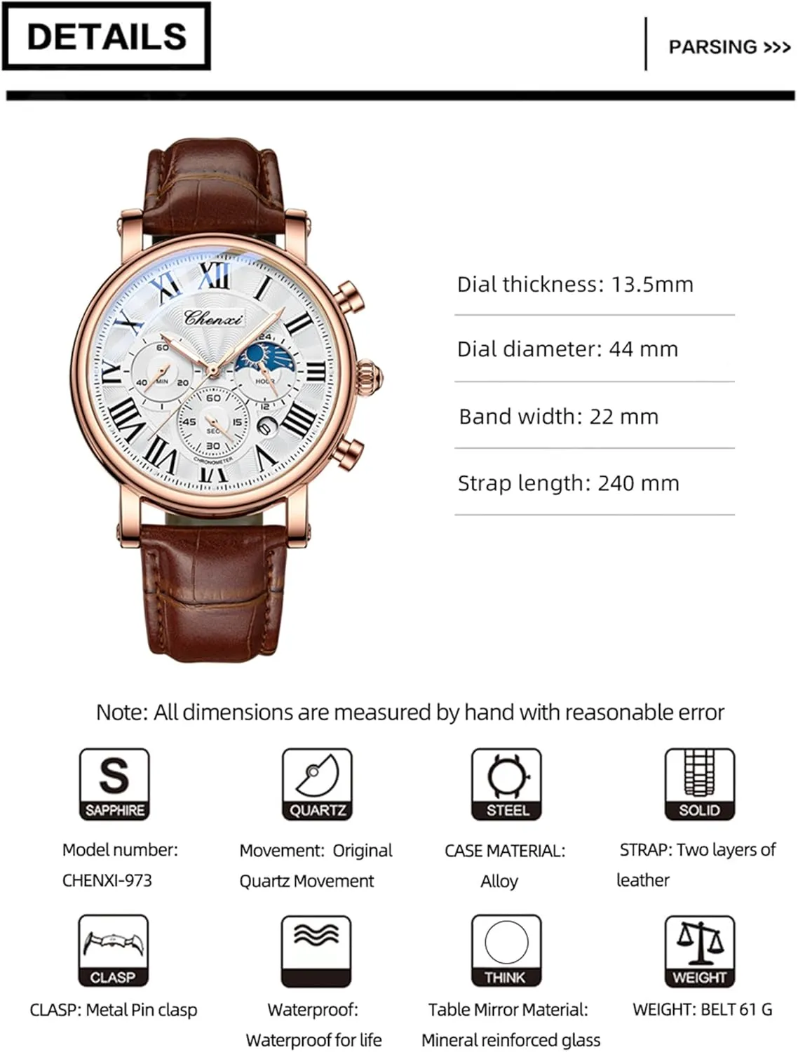 FANMIS Men's Classic Multifunctional Military Sports Analog Watch Business Dress Waterproof Luminous Chronograph Starry Sky Moon Phase Leather Wristwatch