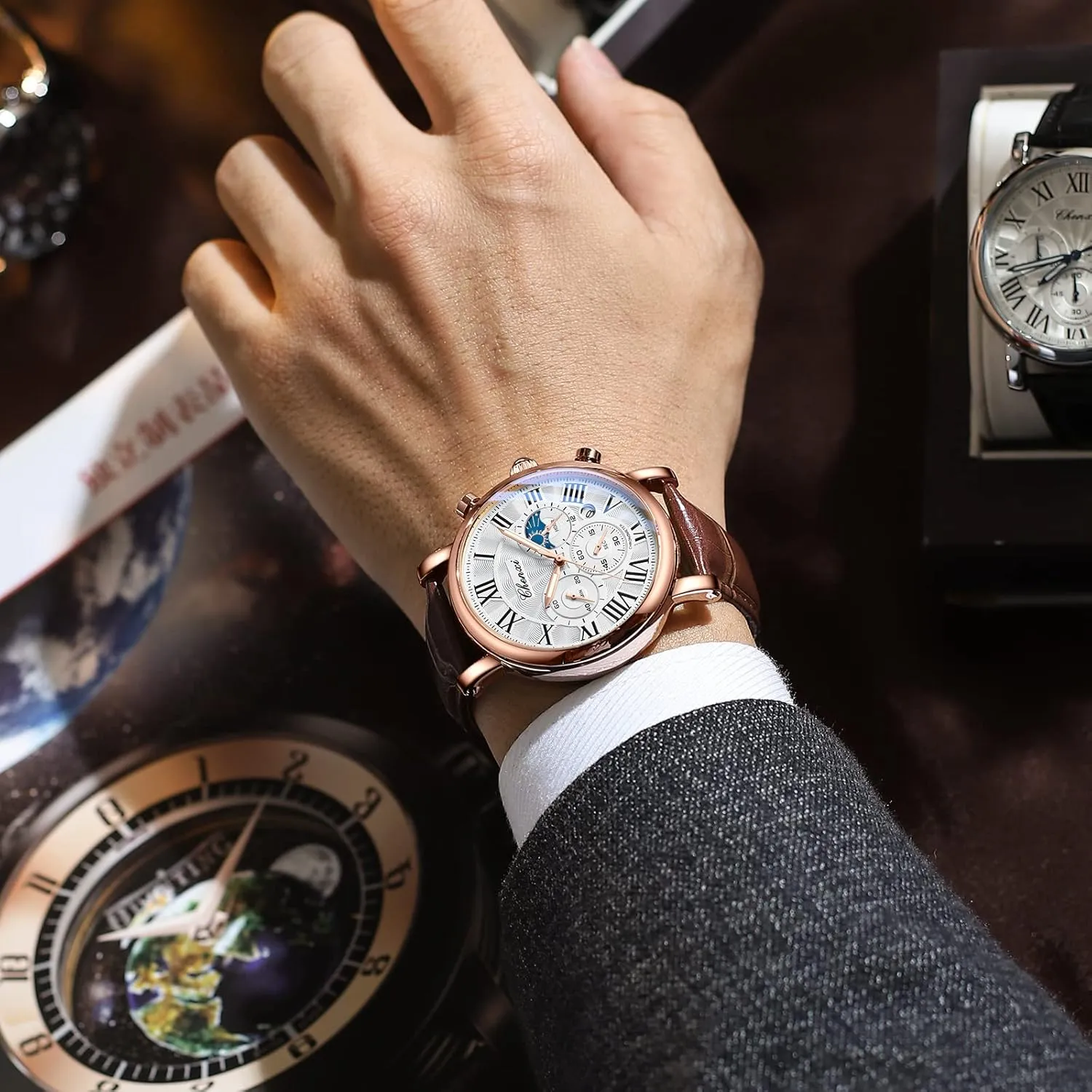 FANMIS Men's Classic Multifunctional Military Sports Analog Watch Business Dress Waterproof Luminous Chronograph Starry Sky Moon Phase Leather Wristwatch