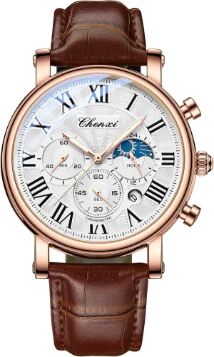 FANMIS Men's Classic Multifunctional Military Sports Analog Watch Business Dress Waterproof Luminous Chronograph Starry Sky Moon Phase Leather Wristwatch