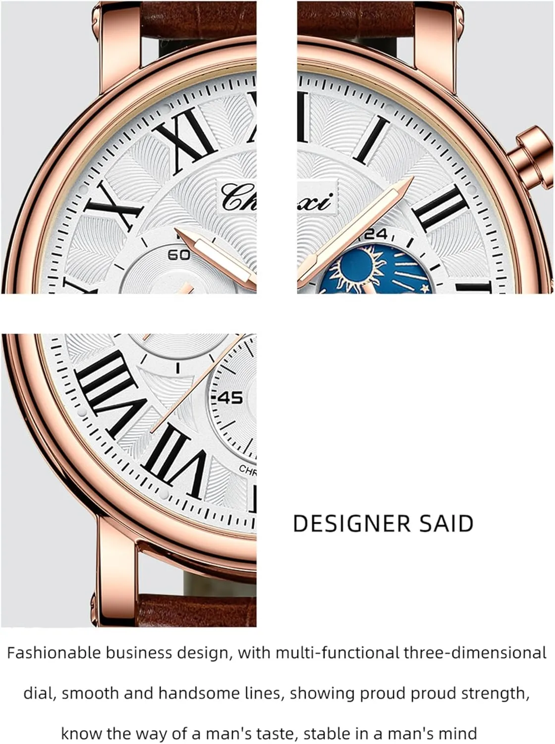 FANMIS Men's Classic Multifunctional Military Sports Analog Watch Business Dress Waterproof Luminous Chronograph Starry Sky Moon Phase Leather Wristwatch