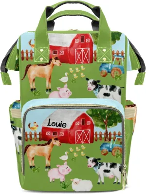 Farm House Animals Green Personalized Large Capacity Diaper Bags,Custom Name Backpack Casual Daypack Bag Nappy Bag Gifts